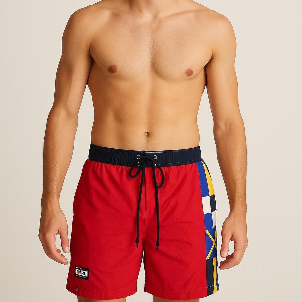 Vintage Ralph Lauren Chaps red swim trunks with navy blue, yellow, and white